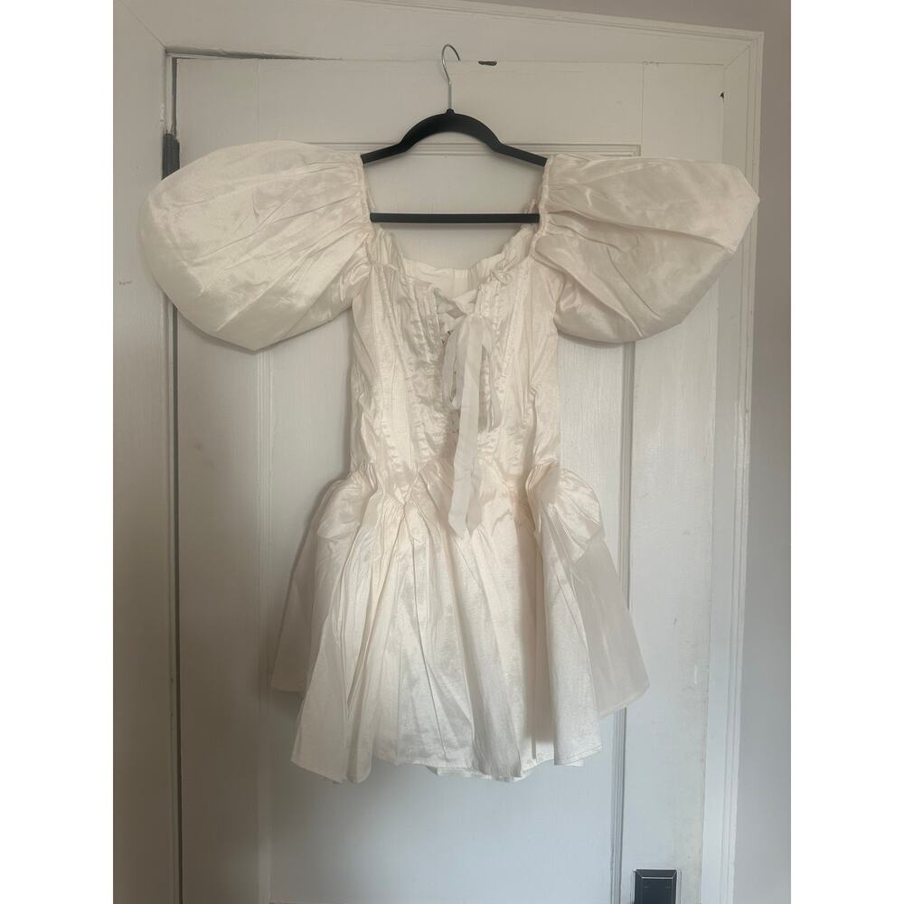 For Love & Lemons Mia Mini Dress White Puff Sleeve Small NWT - Picture 6 of 12